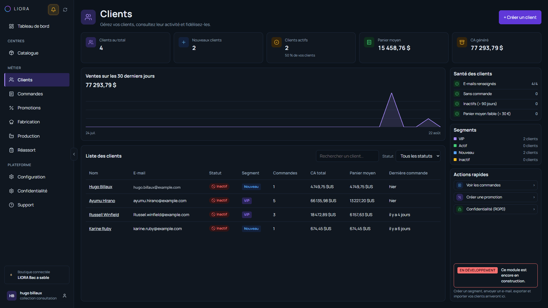 The LIORA Customers screen: customer list with segment, revenue, average basket and most recent order.