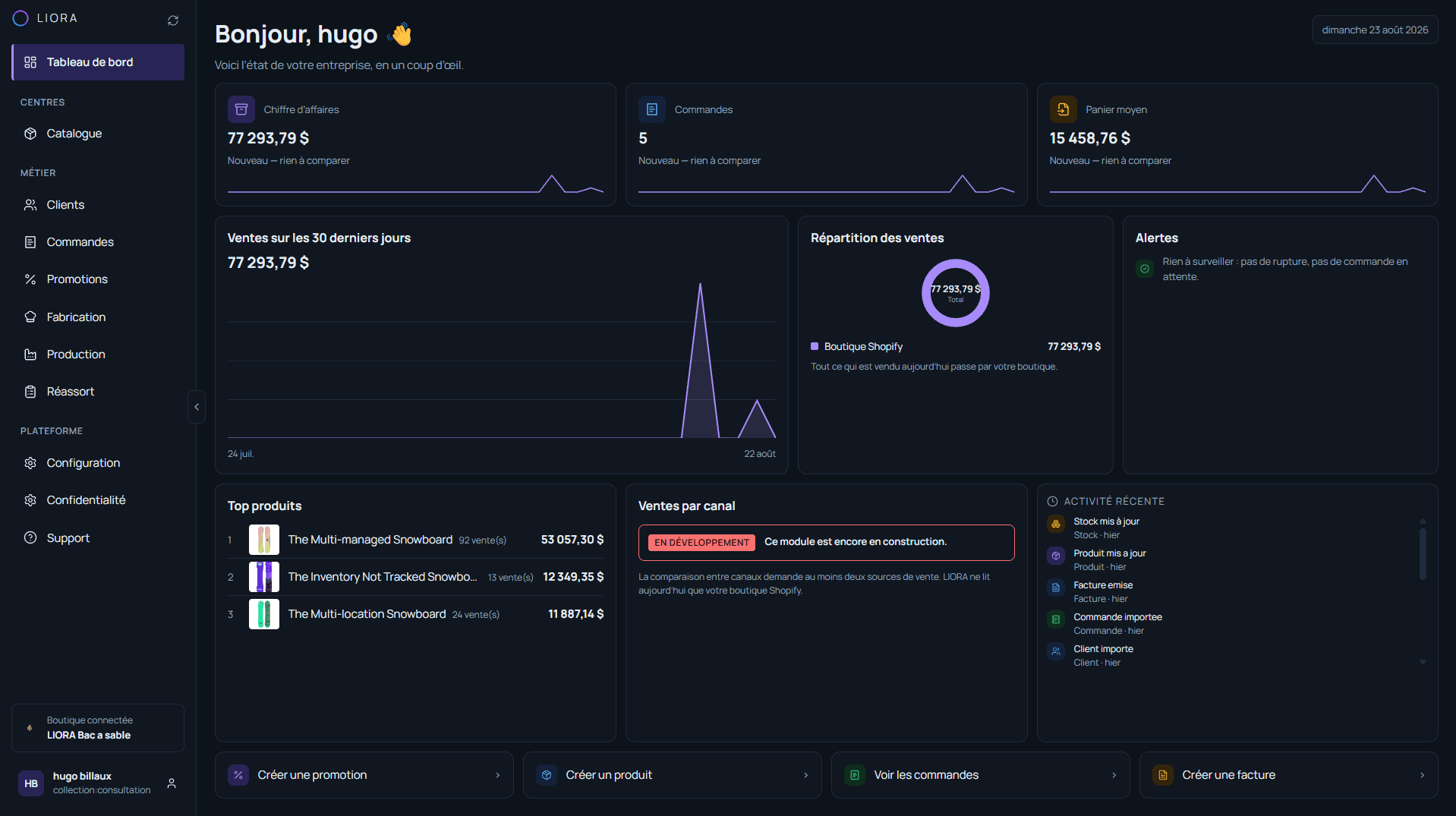 The LIORA dashboard: revenue, orders, average basket, sales over the last thirty days, alerts and recent activity.